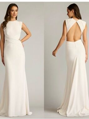 Tadashi Shoji Tenney Pleated Side Cutout Waist Crepe Gown in White size medium